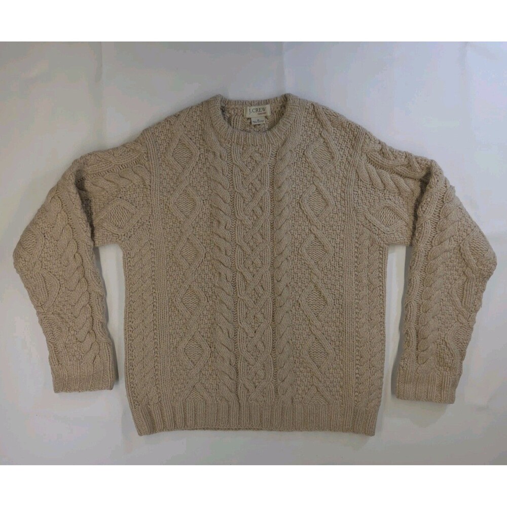 J Crew Sweater Womens M Chunky Knit Lambswool Preppy Fisherman Tan Beige Lattice - Picture 5 of 11